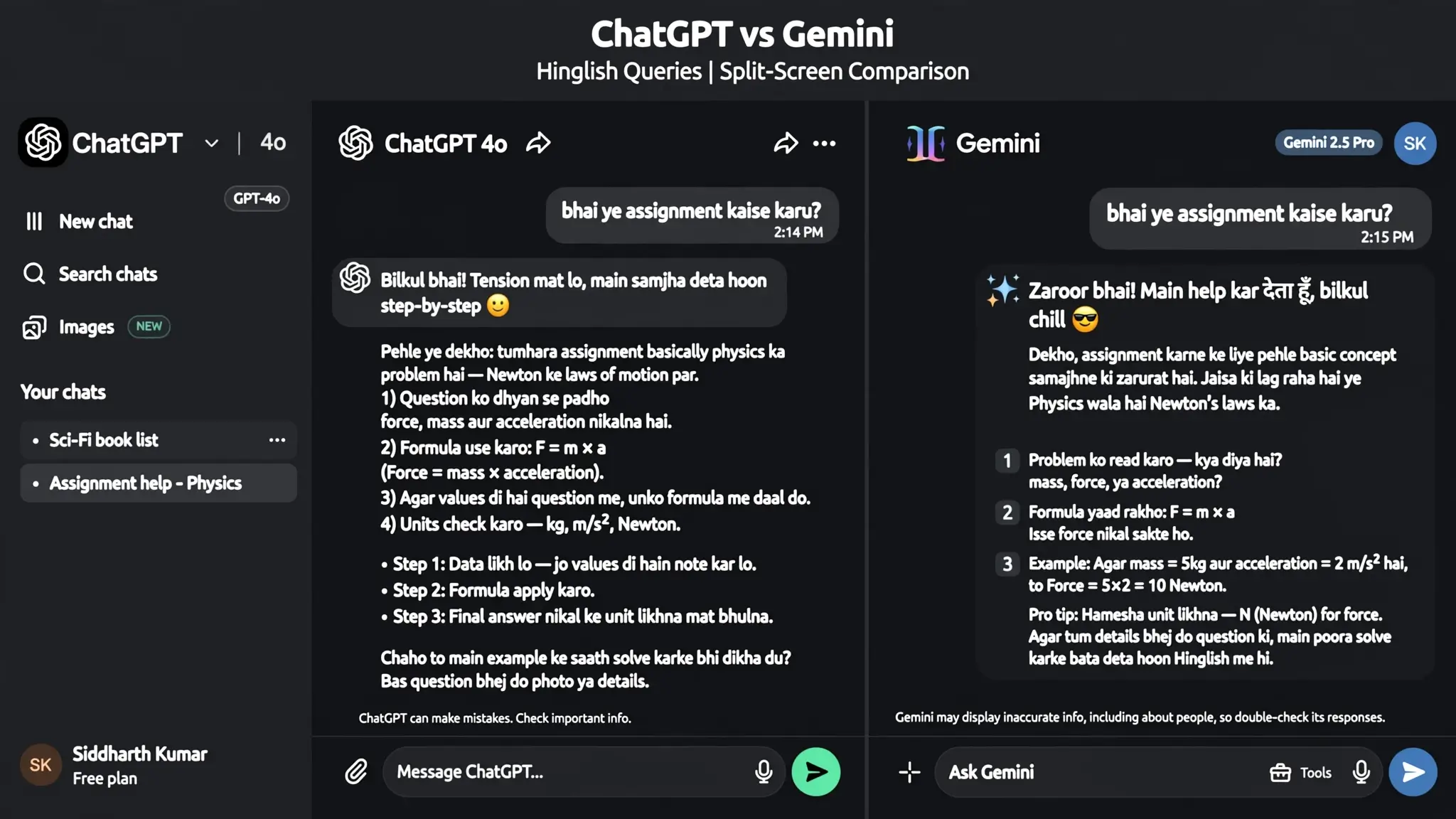 ChatGPT vs Google Gemini Hindi Hinglish Interface Comparison