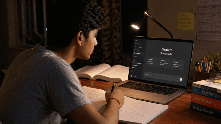 ChatGPT Study Mode Hindi mein - student laptop par padhai karte hue