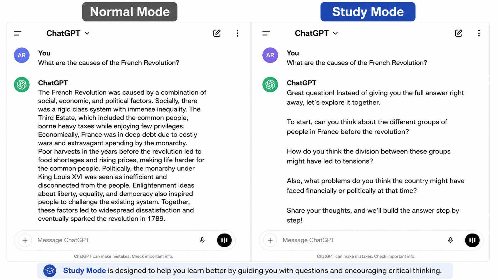 Normal Mode vs Study Mode comparison ChatGPT