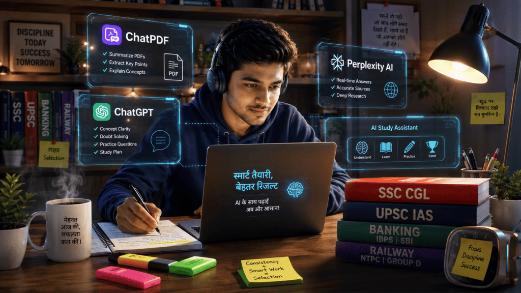 Sarkari exam ki taiyari ke liye best AI tools for exam preparation Hindi guide poster