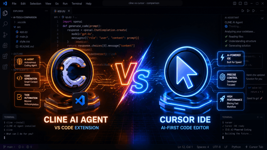 Cline vs Cursor IDE comparison hero image Hindi guide