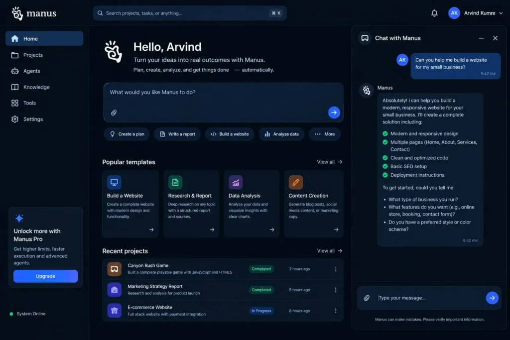 Manus AI se research, slides aur website jaise alag-alag tasks ka workflow