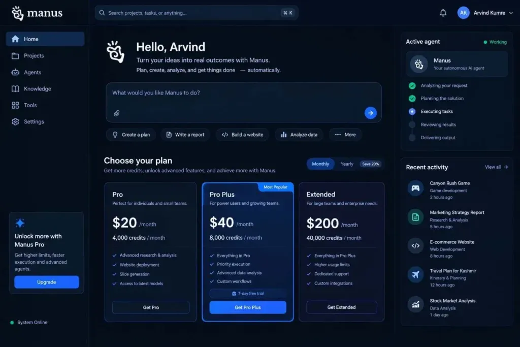 Manus AI plan selection screen jahan Pro, Pro Plus aur Extended plans ke credits dikhte hain